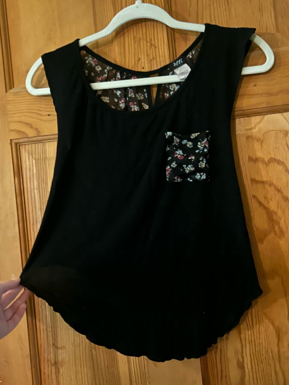 Women's Black Tank Top with Floral Pocket and Back